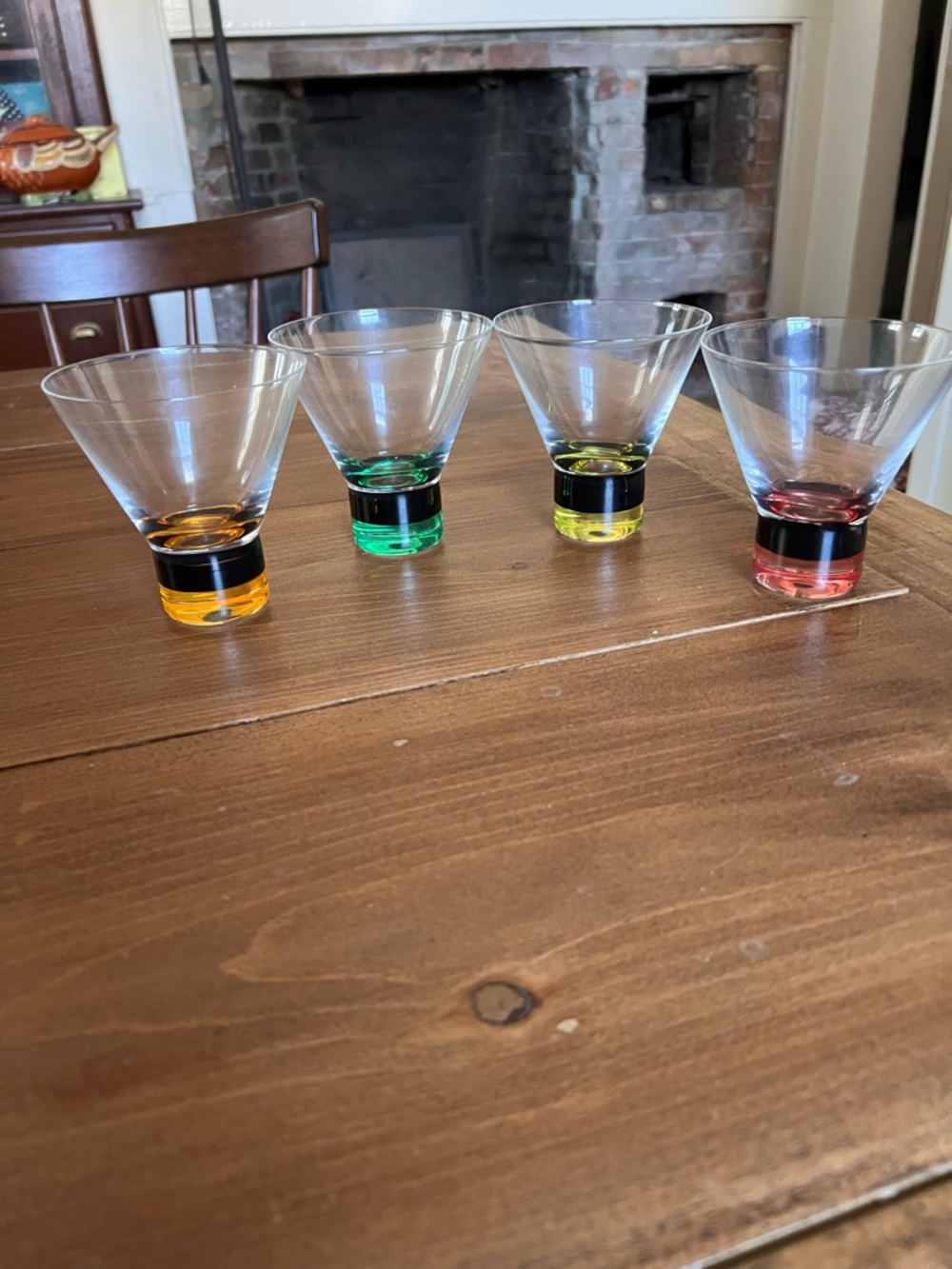 4 Mitbak European Crystal Martini Glasses Colorful Base Black Band Stemless 4x4”